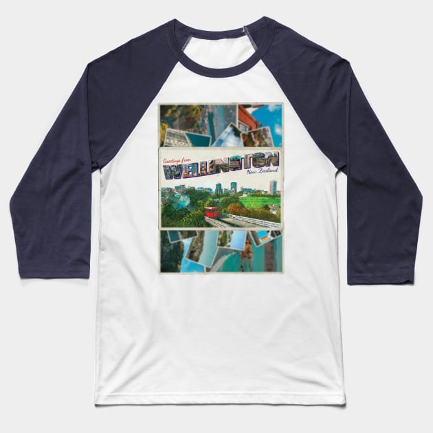 Greetings from Wellington in New Zealand Vintage style retro souvenir Baseball T-Shirt by DesignerPropo